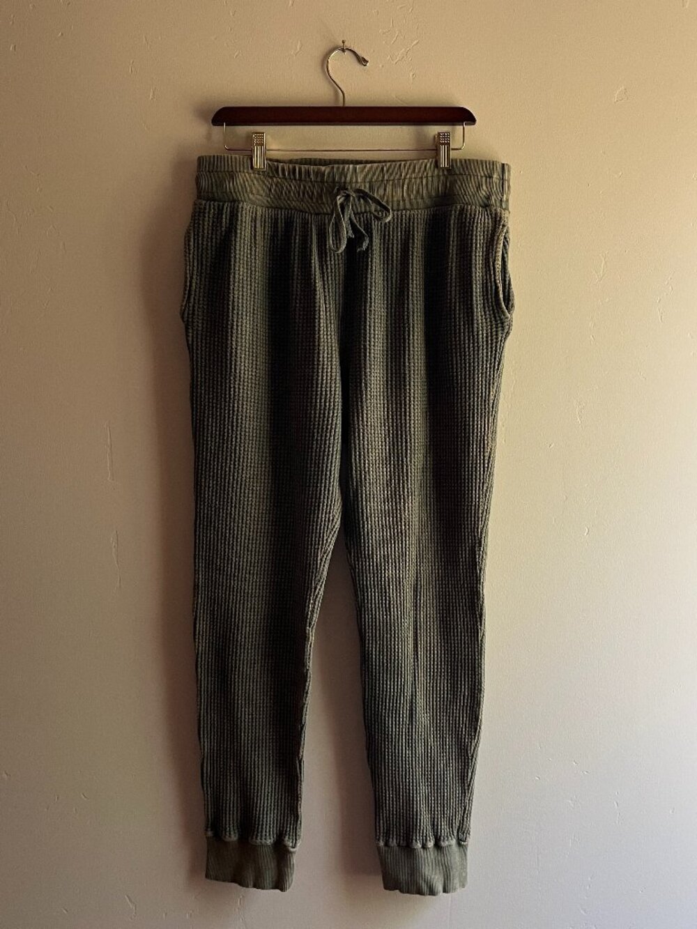 People of Leisure Green waffle knit sweatpants organic cotton boho granola gorp